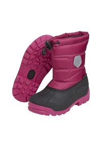 Lila isolerade vinterstövlar med en svart vattentät nederdel, texturerad sula och justerbart topp med låsmekanism.