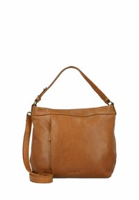 Bruine leren schoudertas met een gestructureerd oppervlak, verstelbare schouderriem en een voorvak. Heeft een ritssluiting en minimale hardware-accenten.