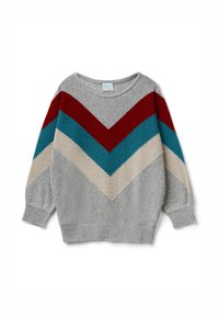 Šedý svetr s chevronovým vzorem v červené, zelenomodré a béžové barvě. Žebrované manžety a lem, kulatý výstřih a volný střih.