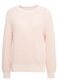 Pull tricoté rose clair avec un col rond, des manches longues, des poignets et un ourlet côtelés, présentant un motif texturé sur l'ensemble.