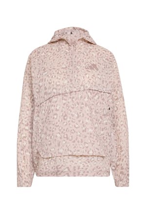 Veste à capuche rose pâle avec fermeture éclair à moitié, poche à rabat à l'avant et motif léopard subtil.