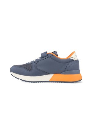 Navy sneaker with mesh and synthetic materials. Features orange accents on the heel and midsole, white sole, and lace closure.