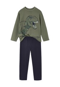Grünes Langarm-T-Shirt mit einem Dinosaurier-Graphic, kombiniert mit dunkelblauen elastischen Bundhosen. Der Stoff wirkt weich und bequem.