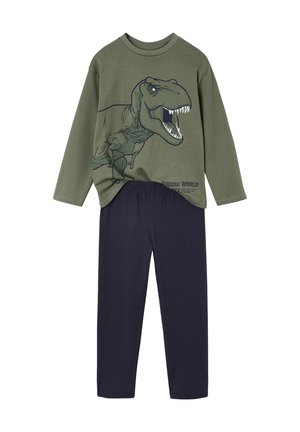 Green long-sleeve T-shirt with a dinosaur graphic, paired with navy blue elastic waist pants. Fabric appears soft and comfortable.