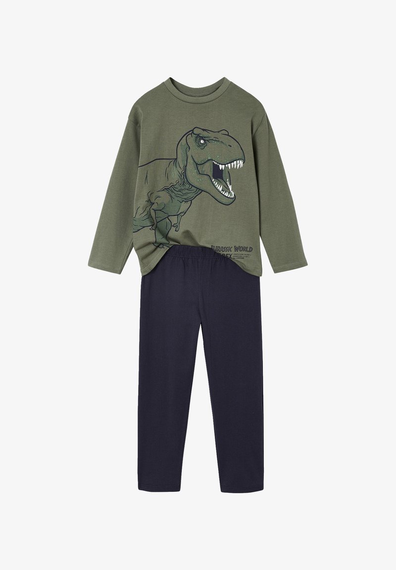 Grünes Langarm-T-Shirt mit einem Dinosaurier-Graphic, kombiniert mit dunkelblauen elastischen Bundhosen. Der Stoff wirkt weich und bequem.