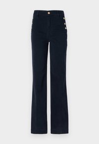 Pantalones de tiro alto color navy con piernas rectas, con botones dorados en la cinturilla y tres botones en cada lado de la cadera.