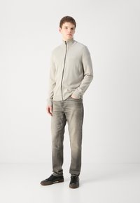 Felpa grigia chiara con zip, polsini a costine, abbinata a jeans grigi scoloriti e sneakers nere. Design semplice, silhouette aderente.