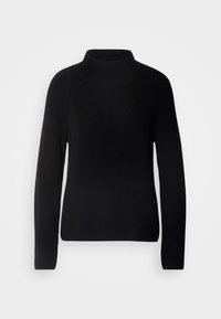 Maglione nero lavorato a maglia con collo alto, maniche lunghe e texture a coste, caratterizzato da una silhouette aderente e una finitura liscia.