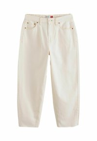 Krämfärgade jeans med rak bendesign, fem fickor och kopparfärgad detaljering. Slät textur med minimala sömnadsdetaljer.