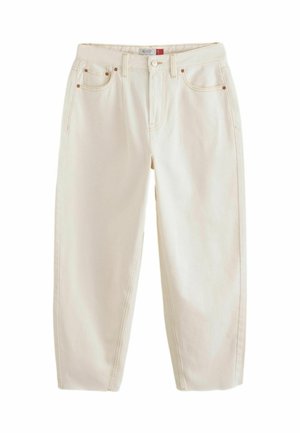 Cream-colored denim pants with a straight leg design, five pockets, and copper-colored hardware. Smooth texture with minimal stitching details.