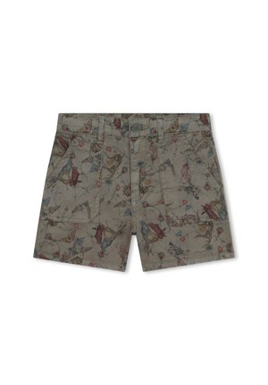 Shorts en tissu léger, ornés d'un motif floral et d'oiseaux dans des couleurs douces, avec des poches avant et une fermeture à bouton.