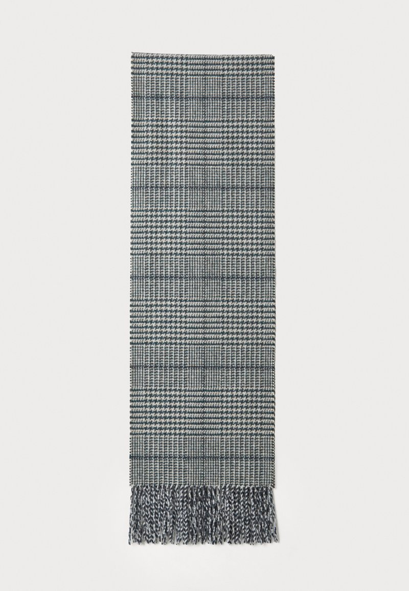 Woven scarf in grey and navy plaid pattern, featuring fringe at the ends, smooth texture, and rectangular shape.