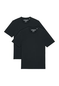 Two black, short-sleeve t-shirts made of cotton. Crew neck design with matching fabric texture. Simple and classic style with no patterns.