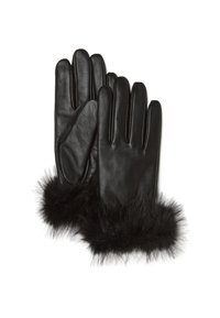 Guantes de cuero negro con un suave ribete de piel negra, que presentan un diseño elegante y cinco dedos, adecuados para condiciones de frío.