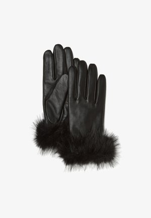 Schwarze Lederhandschuhe mit einem weichen schwarzen Fellbesatz, die ein elegantes Design und fünf Finger aufweisen, geeignet für kalte Wetterbedingungen.
