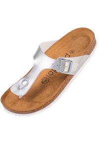 Sandalo argento con design a inserto per le dita, fibbia metallica regolabile e soletta in sughero. Sottopiede testurizzato e suola in gomma bianca.
