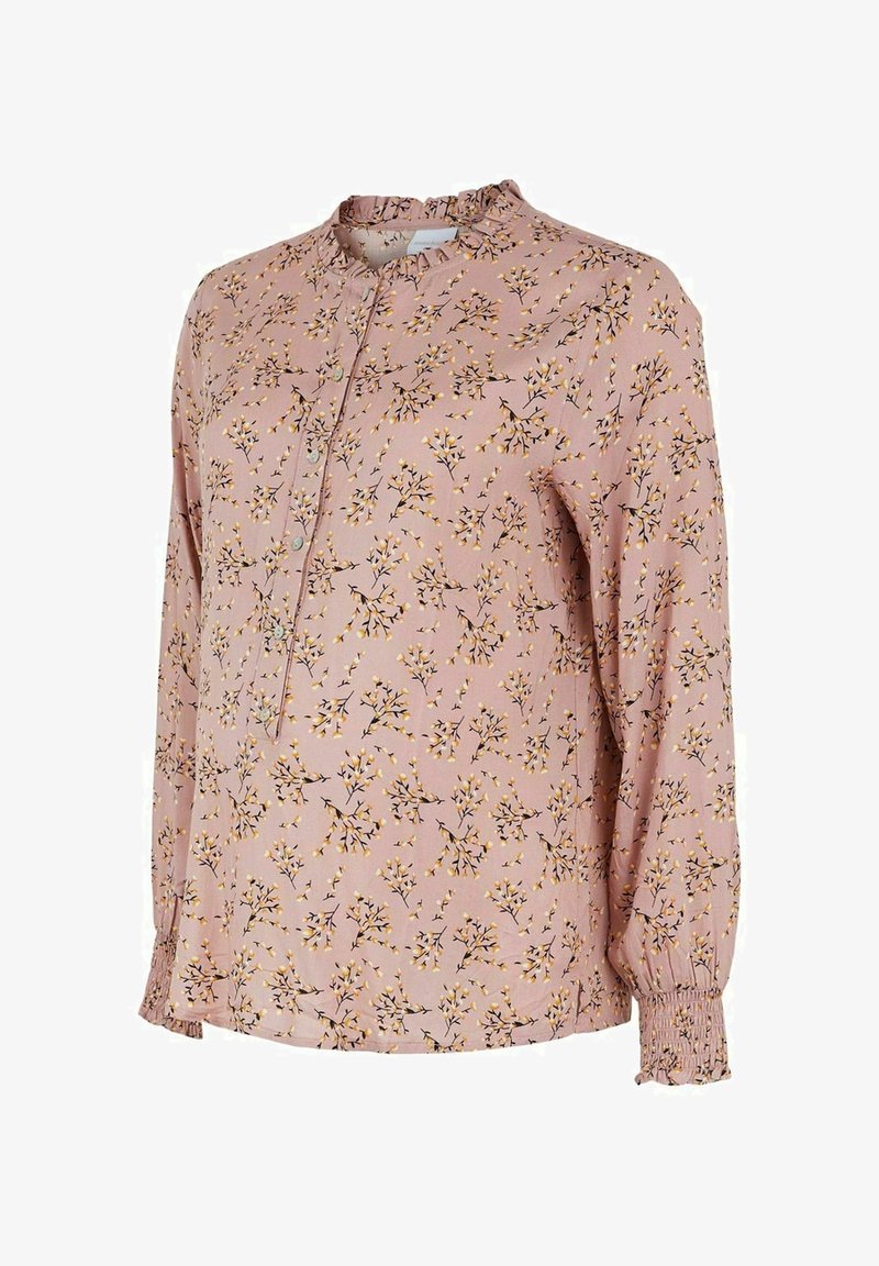 Lyserød langærmet bluse med gul og hvid blomstermønster, knappet front, rynket krave og smockede ærmegab.