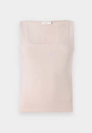 Světle růžový tílko s čtvercovým výstřihem vyrobené z měkké látky; bezrukávový design s pečlivým šitím a hladkou texturou.