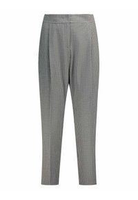 Pantalon à motif à carreaux noir et blanc, avec une coupe ajustée, des plis à l'avant, et une texture de tissu lisse.