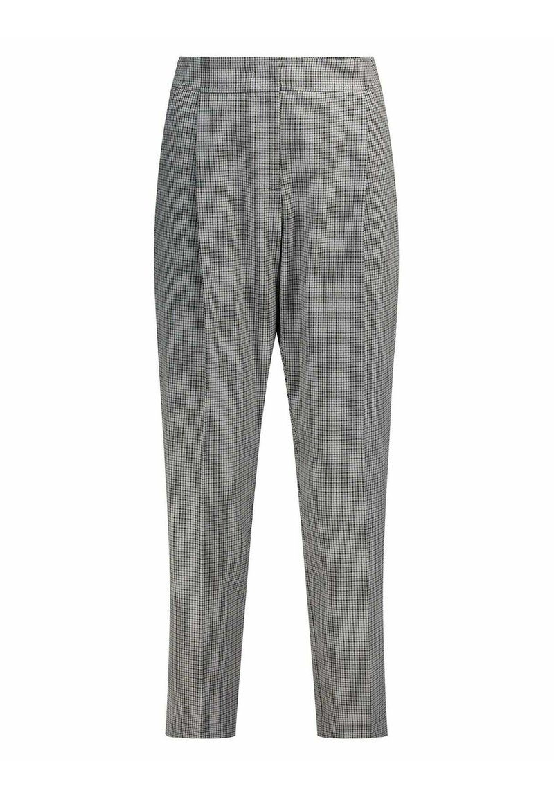 Pantalon à motif à carreaux noir et blanc, avec une coupe ajustée, des plis à l'avant, et une texture de tissu lisse.