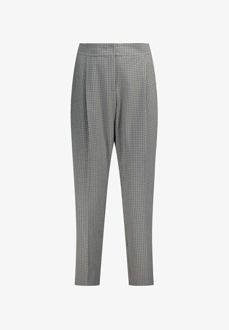 Pantaloni con motivo a quadri bianco e nero, caratterizzati da una vestibilità su misura, pieghe sul davanti e una texture del tessuto liscia.