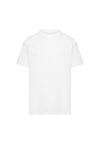 Klares weißes kurzärmliges Rundhals-T-Shirt, flach ausgelegt ohne sichtbare Logos oder Muster, auf einem weißen Hintergrund.