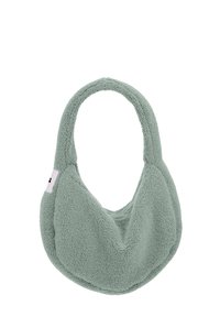 Zielona, miękka torba o teksturze, o okrągłym, wydłużonym kształcie i jednym uchwycie. Posiada małą, białą metkę z boku.