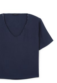 Blusa a maniche corte blu navy con scollatura a V e bordo in raso attorno al collo, taglia S.