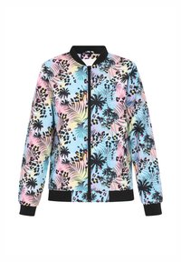 Giubbotto bomber con un design a motivo pastello caratterizzato da foglie di palma e macchie di leopardo, polsini e orlo a coste neri, e chiusura a zip.