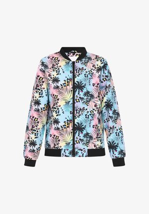 Bumbieris ar pasteļa krāsā veidotu rakstu, kas ietver palmu lapas un leopardu plankumus, melnu ribotu aproču un apakšmalu, kā arī ar rāvējslēdzēju.