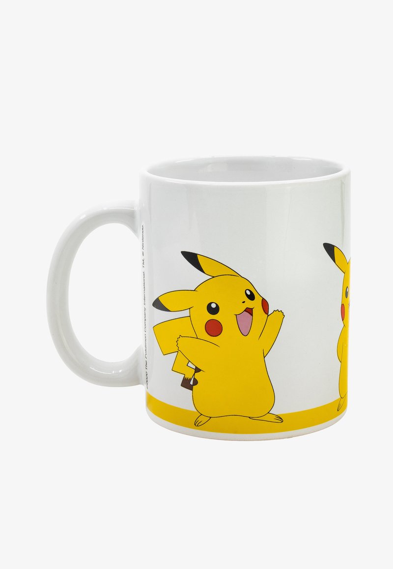 White ceramic mug featuring Pikachu, a yellow cartoon character with black-tipped ears and red cheeks, printed in a playful pose.