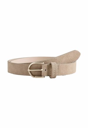 Light brown suede belt with a rounded silver buckle and stitched belt loop, laid flat with one end slightly raised.