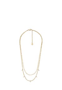 Collana in oro con due filamenti sovrapposti, uno liscio e uno testurizzato. Abbellita con dettagli in accenti chiari e sfaccettati.