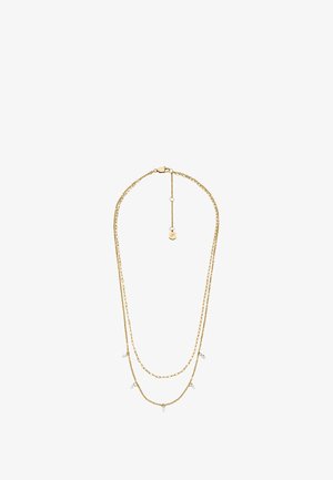 Gold chain necklace featuring two layered strands, with one smooth and one textured. Adorned with clear, faceted accents for detail.