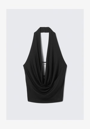 Zwarte haltertop met een diepe V-halslijn en gedrapeerde voorkant. Gemaakt van zachte, rekbare stof met een gladde textuur.