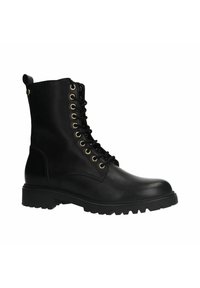 Des bottes de combat à lacets noires présentent un dessus en cuir lisse, un bout rond, des œillets en métal, une semelle texturée et une languette à l'arrière.