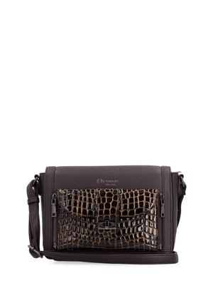 Dark brown leather crossbody bag with textured front pocket featuring a crocodile pattern and a turn-lock closure.