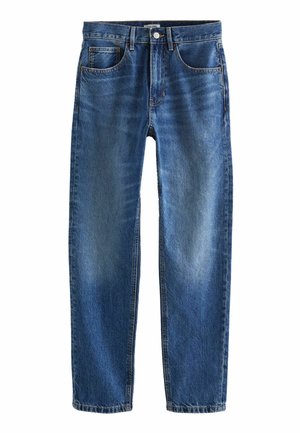 Jean en denim bleu avec jambes droites, fermeture à bouton et zip à l’avant, design à cinq poches.