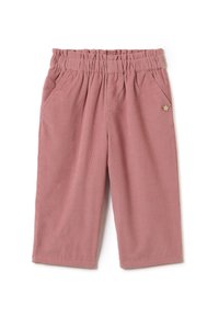 Roze corduroy broek met elastische tailleband, zijzakken en een klein bloemvormig metalen sieraad op de rechterzak.