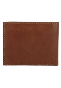 Brown leather wallet with a textured surface, rectangular shape, visible stitching along the edges, no visible hardware or accents.