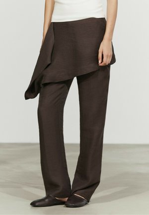 Massimo Dutti, PANTS WITH SKIRT DETAIL AND LINEN - Pantaloni - dark brown