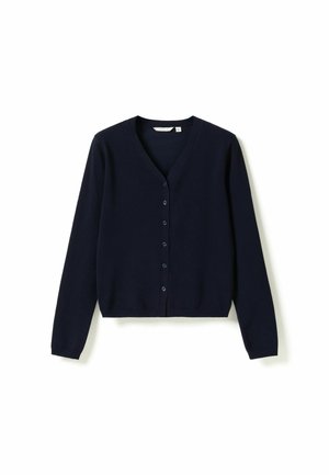 Cardigan bleumarin cu mâneci lungi, decolteu în V, cu șapte nasturi și manșete și tiv striate pe un fundal alb.