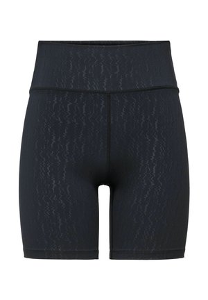 Sorte høj-taljede tætsiddende biker-shorts med subtilt tekstureret mønster og flade sømme, designet til atletisk eller afslappet brug.