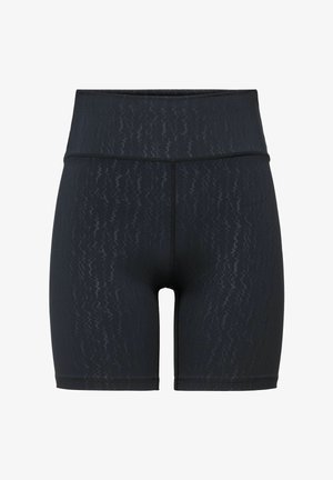 Czarne, dopasowane szorty rowerowe z wysokim stanem, z subtelnym wzorem tekstury i płaskimi szwami, zaprojektowane do użytku sportowego lub casualowego.