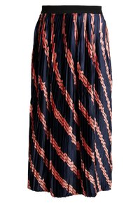 Fållad midikjol med marinblå bas och diagonala rosa och röda zigzag-ränder, med en svart elastisk midja.