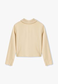 Beige Kurzjacke mit langen Ärmeln und breitem Kragen, von hinten auf einem weißen Hintergrund gezeigt.