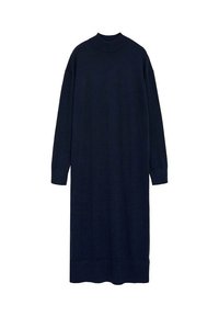 Vestido de punto azul marino con un cuello alto, mangas largas y un corte holgado. Presenta puños y dobladillo acanalados para mayor textura.