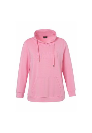 Rosa Hoodie aus weichem Stoff, mit einer kuscheligen Kapuze, Kängurutasche und eingraviertem "FOREVER"-Text auf der Vorderseite. Lange Ärmel.
