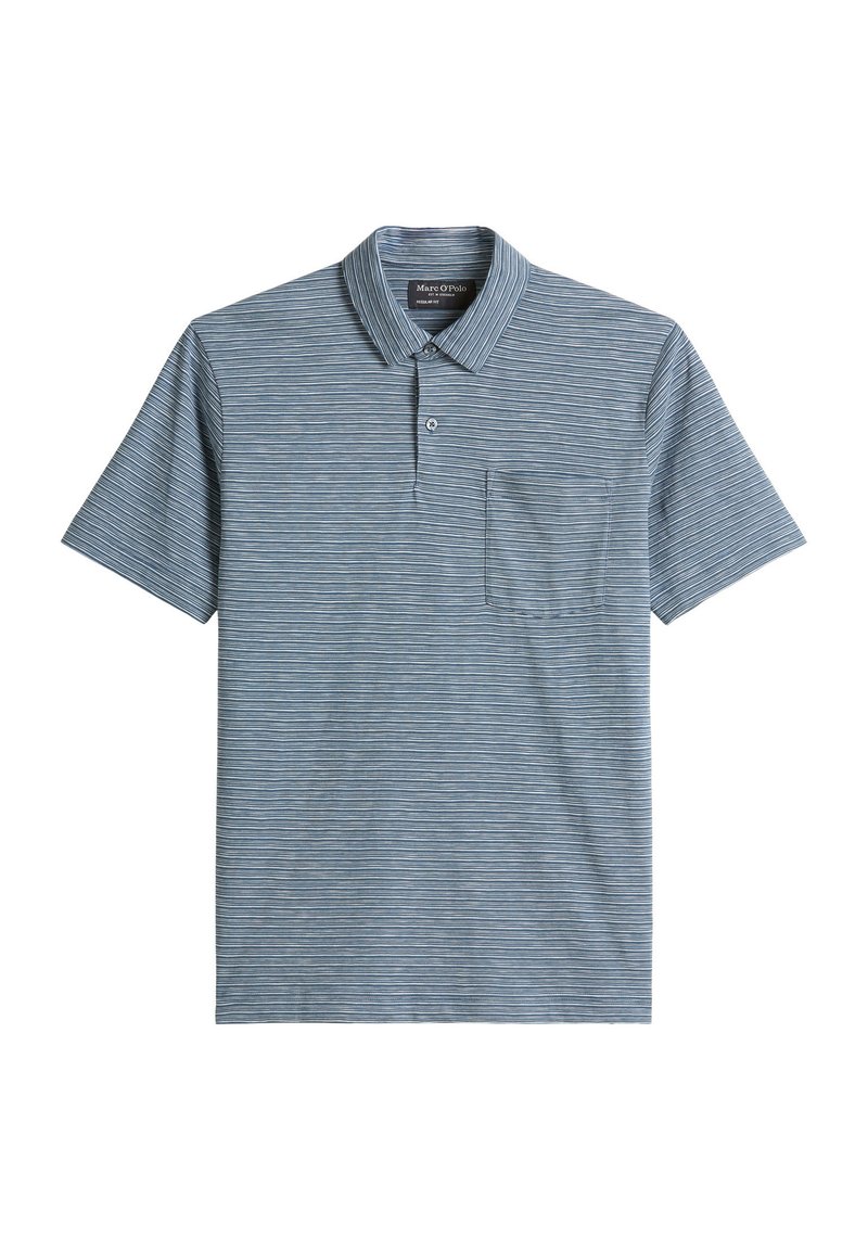 Kurzarm-Polohemd in Blau mit feinen weißen Streifen, ausgestattet mit einem Kragen, Knopfleiste und einer einzelnen Brusttasche. Aus Baumwollmischung.