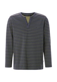 Langärmliges, navyblaues Henley-Shirt mit dünnen gelben horizontalen Streifen, Knopfleiste und gepolsterten Schulterdetails.